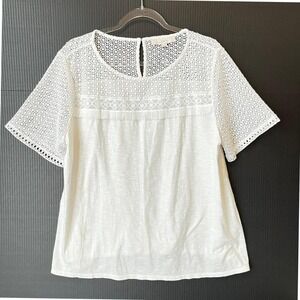LOFT White Crochet Lace Yoke with Fringe Cotton Top XL Short Sleeve Feminine
